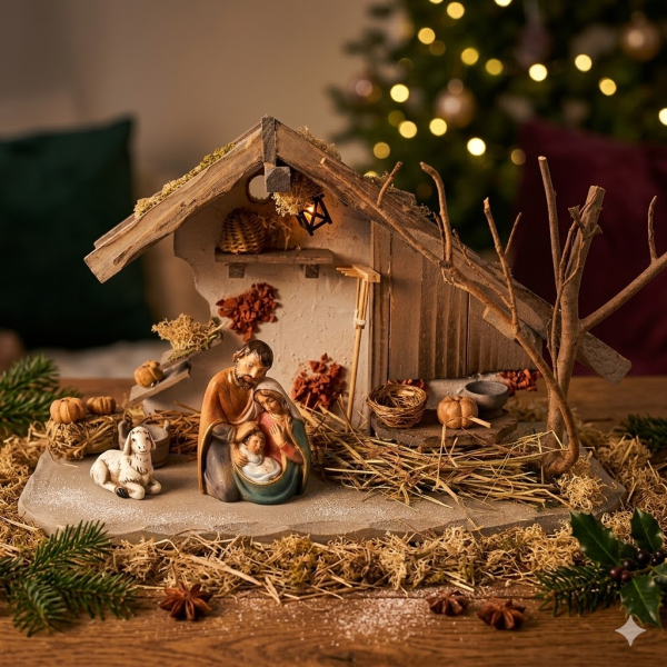 Traditionelle Weihnachtskrippe Treuf inkl. Heilige Familie 098 und einem Schaf, Maße Krippe: ca. 30 x 11 x 18 cm
